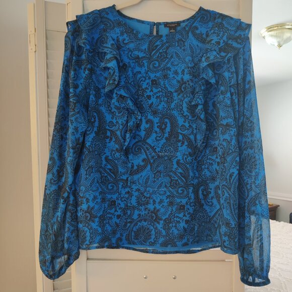 Ann Taylor Factory Blue and Black Paisley Ruffle Blouse - Size S - Picture 1 of 7